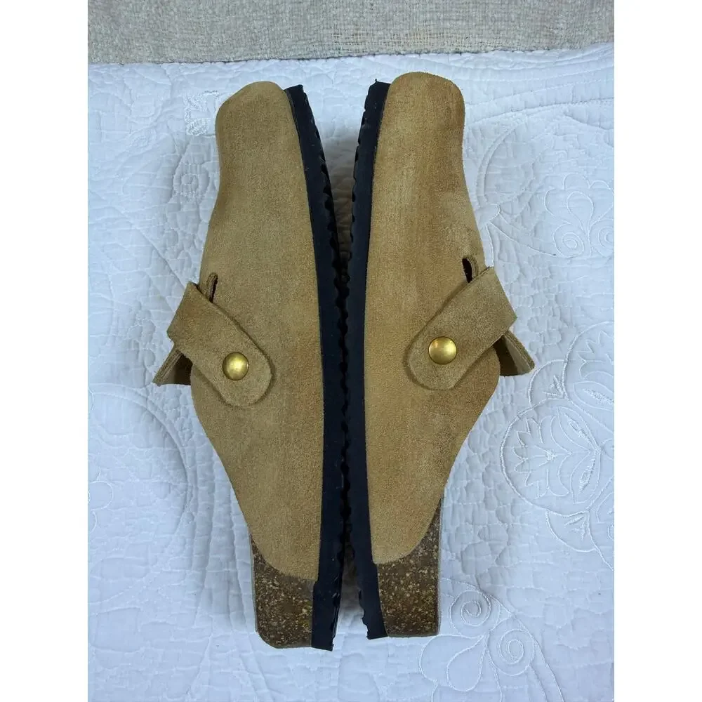 Quince Women 9 Tan Suede Slip On Clog Adjustable Strap Casual Comfort Mule Shoes